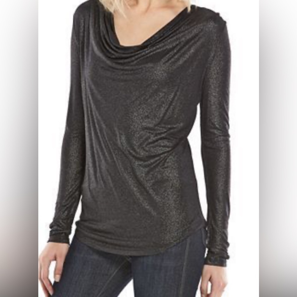 Rock & Republic Metallic LS Top L Black/Silver NWOT Draped Glam Sparkle